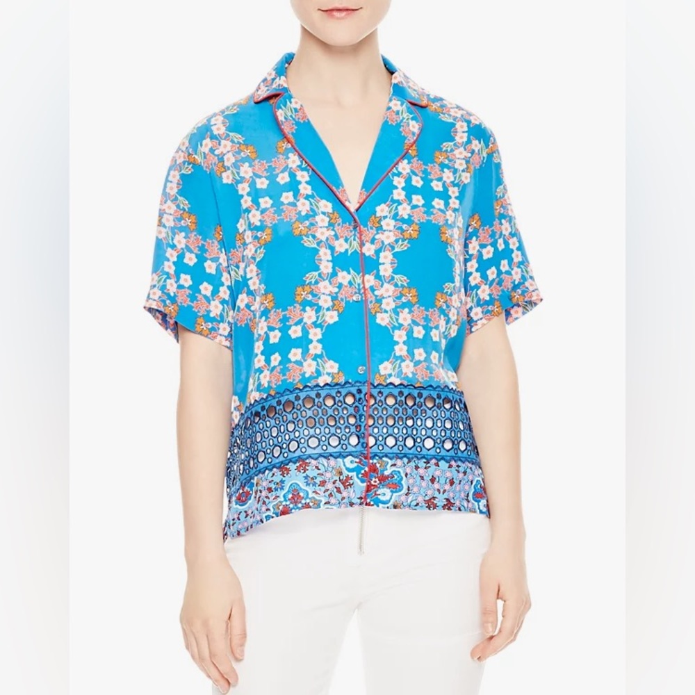 Sandro Ruffine Floral-Print Eyelet Top Blue‎ 0 XS
